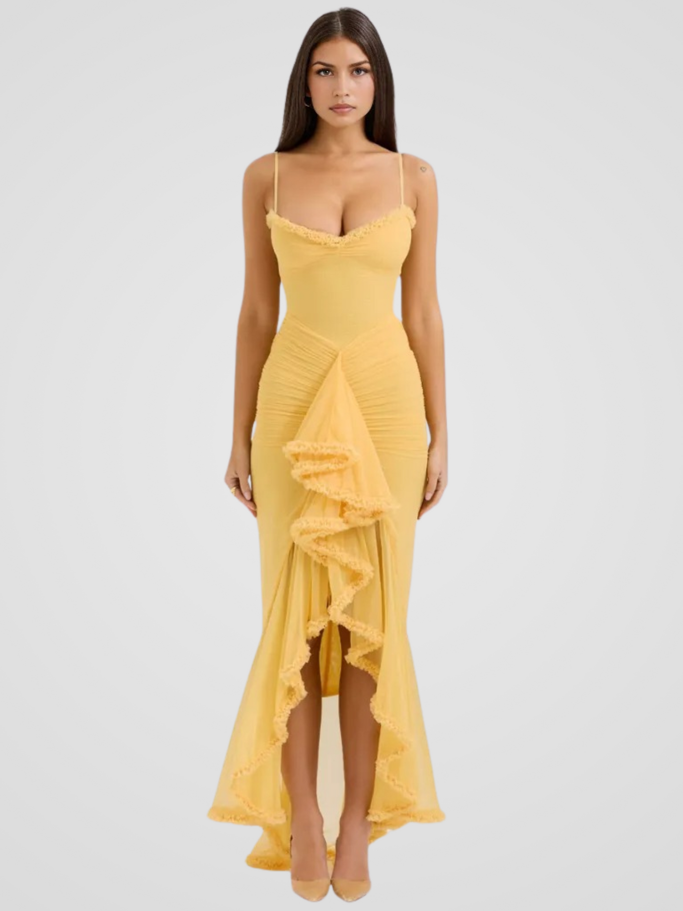 Vivienne™ | Maxi dress with ruffles, lace detail and high slit