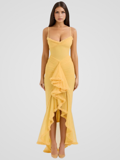 Vivienne™ | Maxi dress with ruffles, lace detail and high slit
