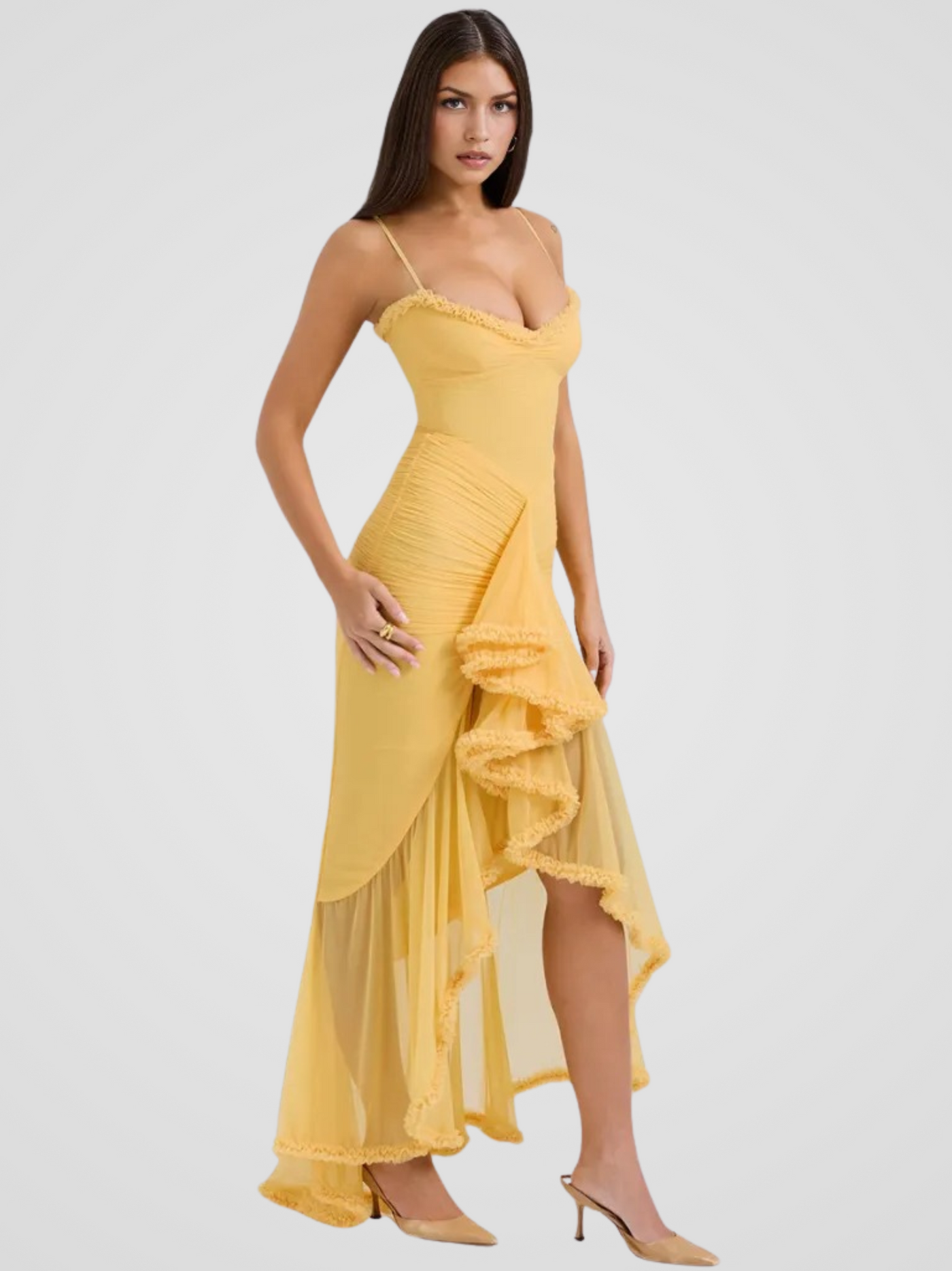Vivienne™ | Maxi dress with ruffles, lace detail and high slit