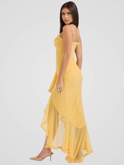 Vivienne™ | Maxi dress with ruffles, lace detail and high slit
