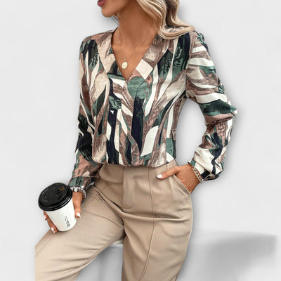 Blouse with All-Over Print and V-Neck