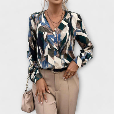 Blouse with All-Over Print and V-Neck