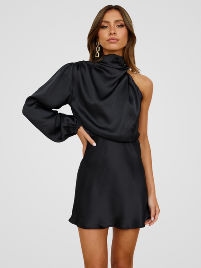 Aveline™ | Satin One-Shoulder Dress with Statement Sleeve