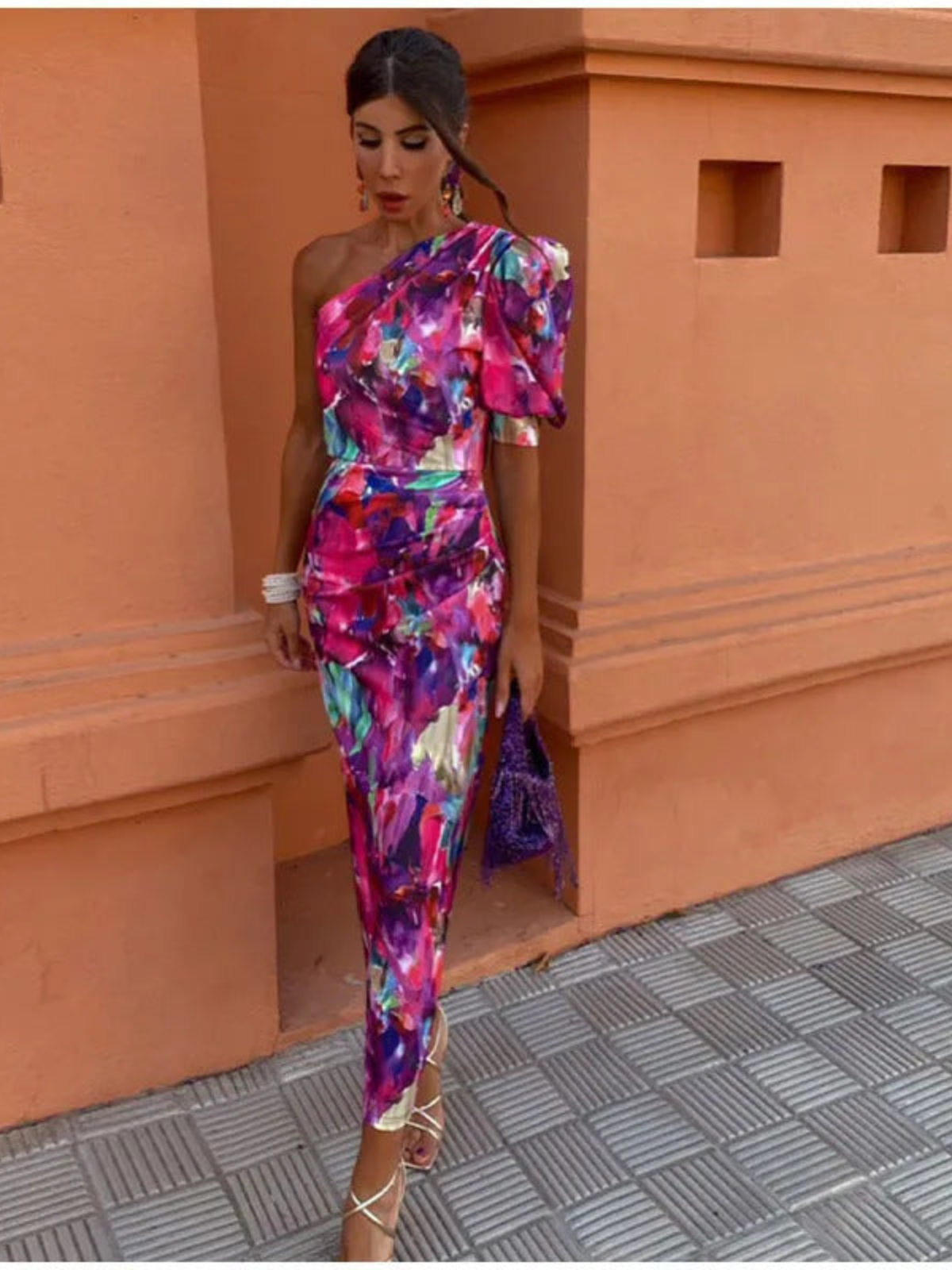 Flaviana™ | One-Shoulder Midi Dress – Colourful, Confident & Elegant