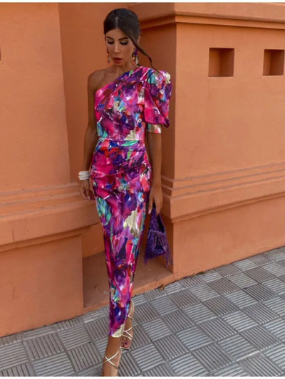 Flaviana™ | One-Shoulder Midi Dress – Colourful, Confident & Elegant