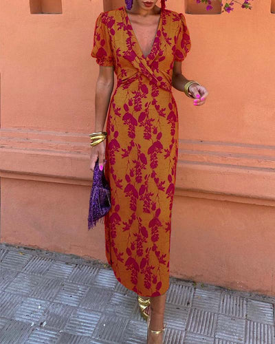 Aria™ - Chic Deep V-Neck Dress with Leaf Design