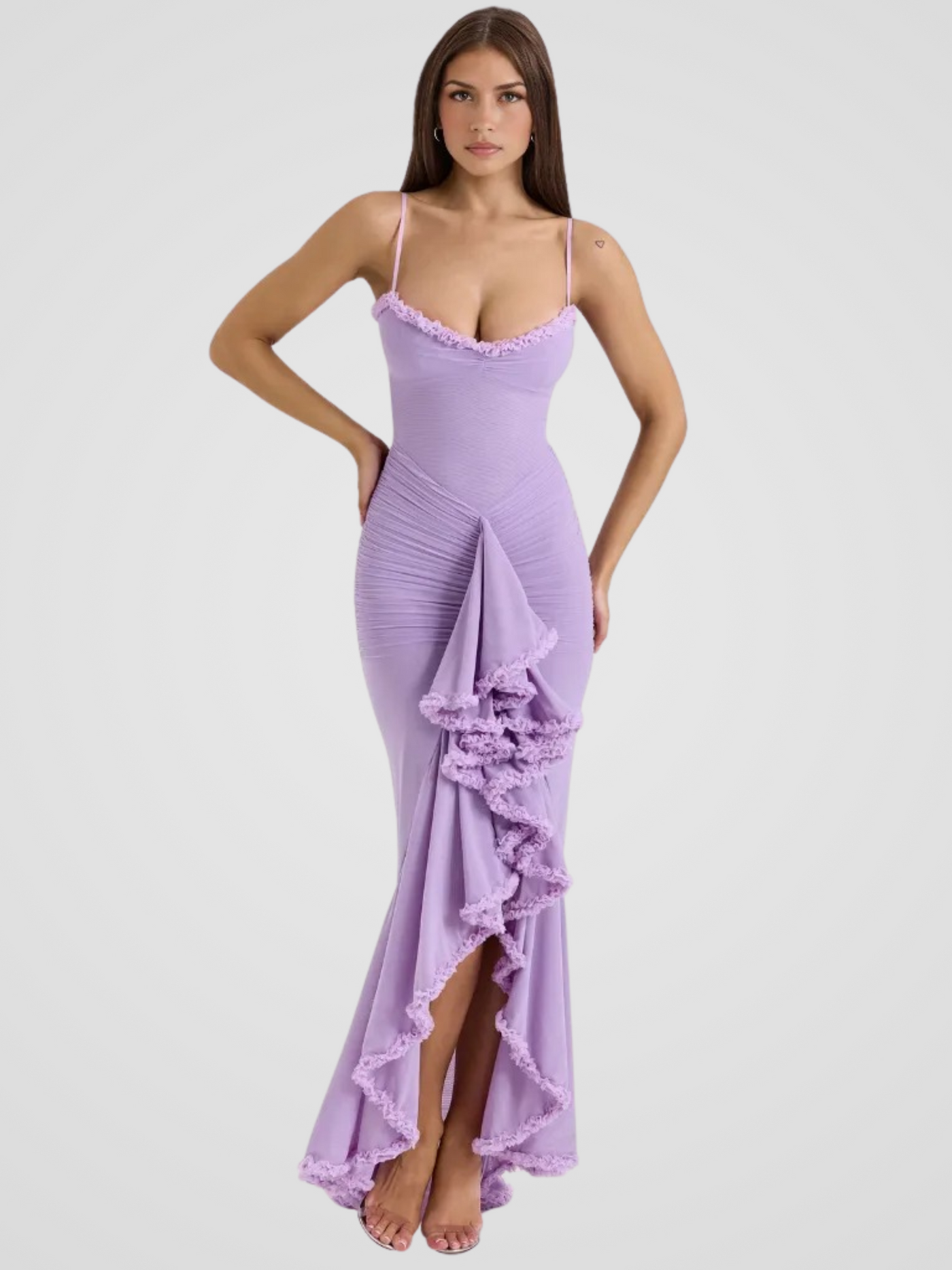 Vivienne™ | Maxi dress with ruffles, lace detail and high slit