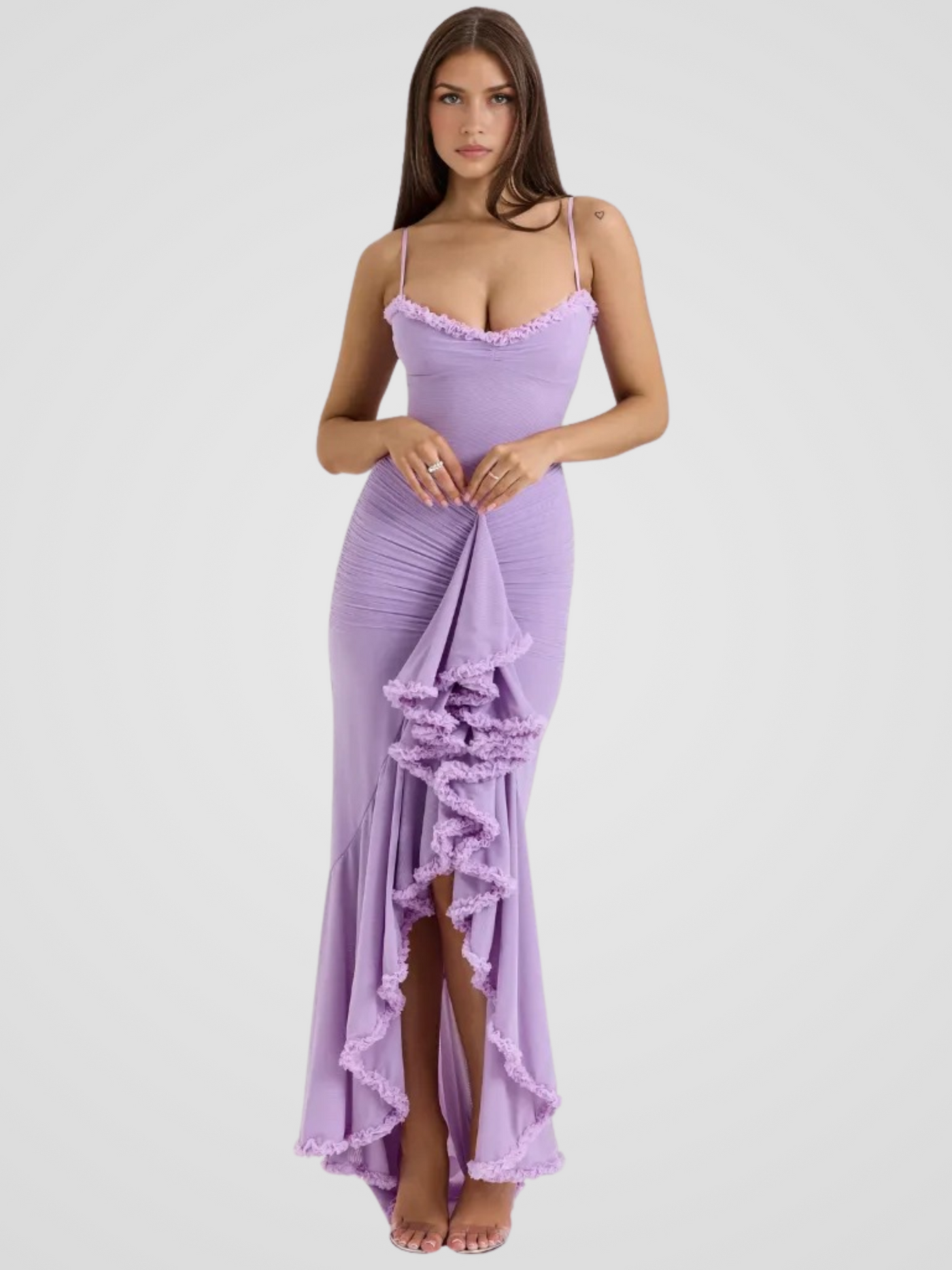 Vivienne™ | Maxi dress with ruffles, lace detail and high slit