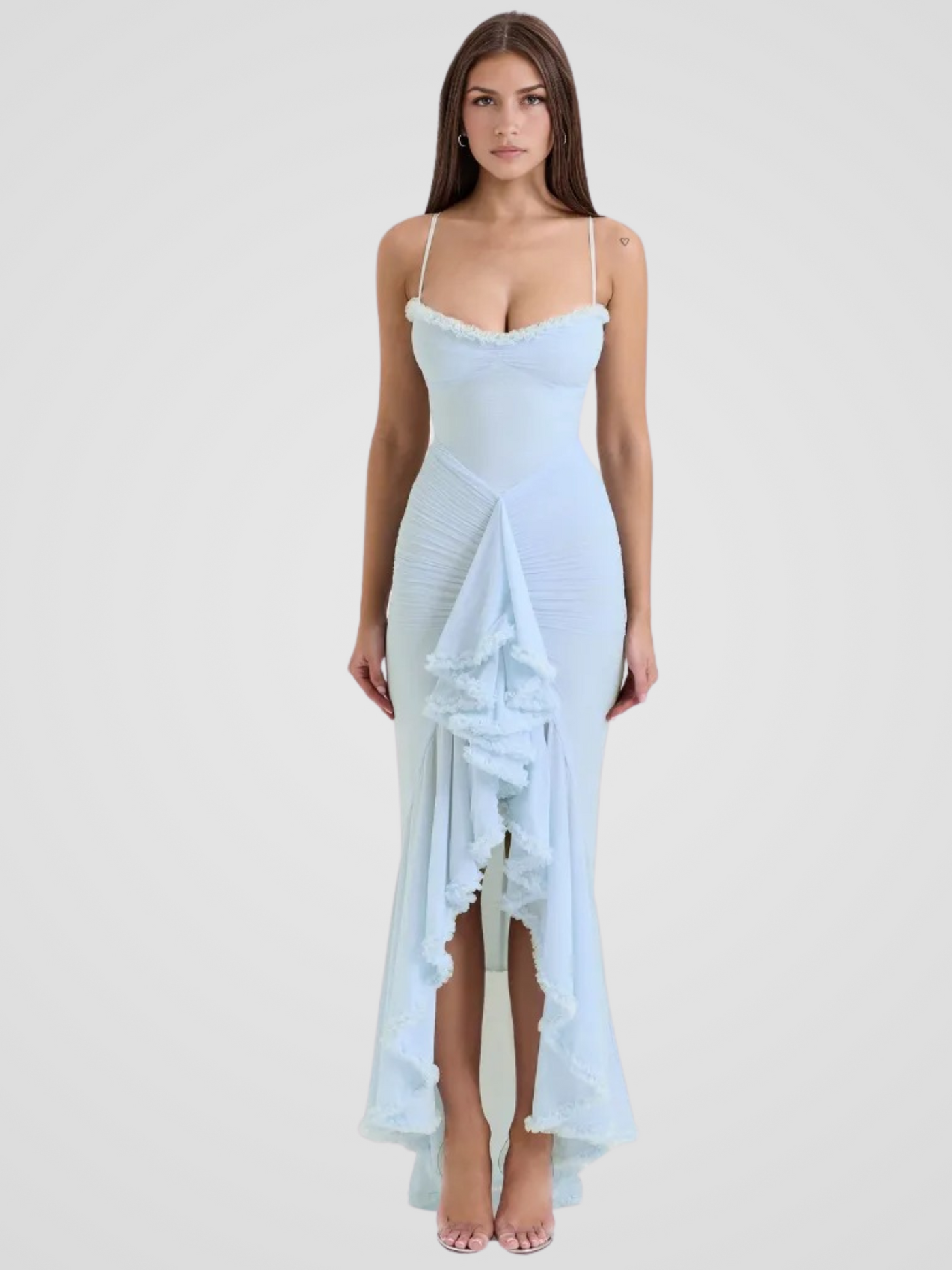 Vivienne™ | Maxi dress with ruffles, lace detail and high slit