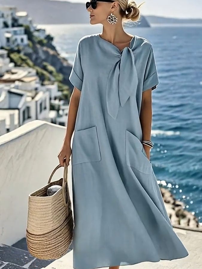 Women's Solid Colour Loose Cotton and Linen Pocket Dress