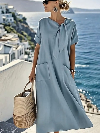 Women's Solid Colour Loose Cotton and Linen Pocket Dress