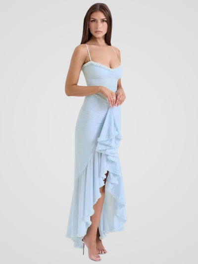 Vivienne™ | Maxi dress with ruffles, lace detail and high slit