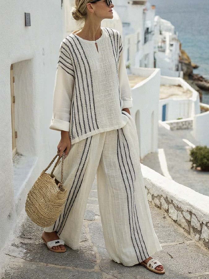 Women's Loose Striped Printed Wide Leg Pants Set