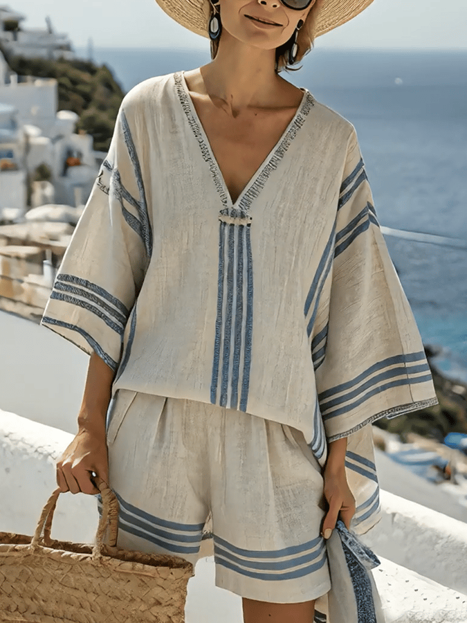 Women's Loose Striped Holiday Shorts Set