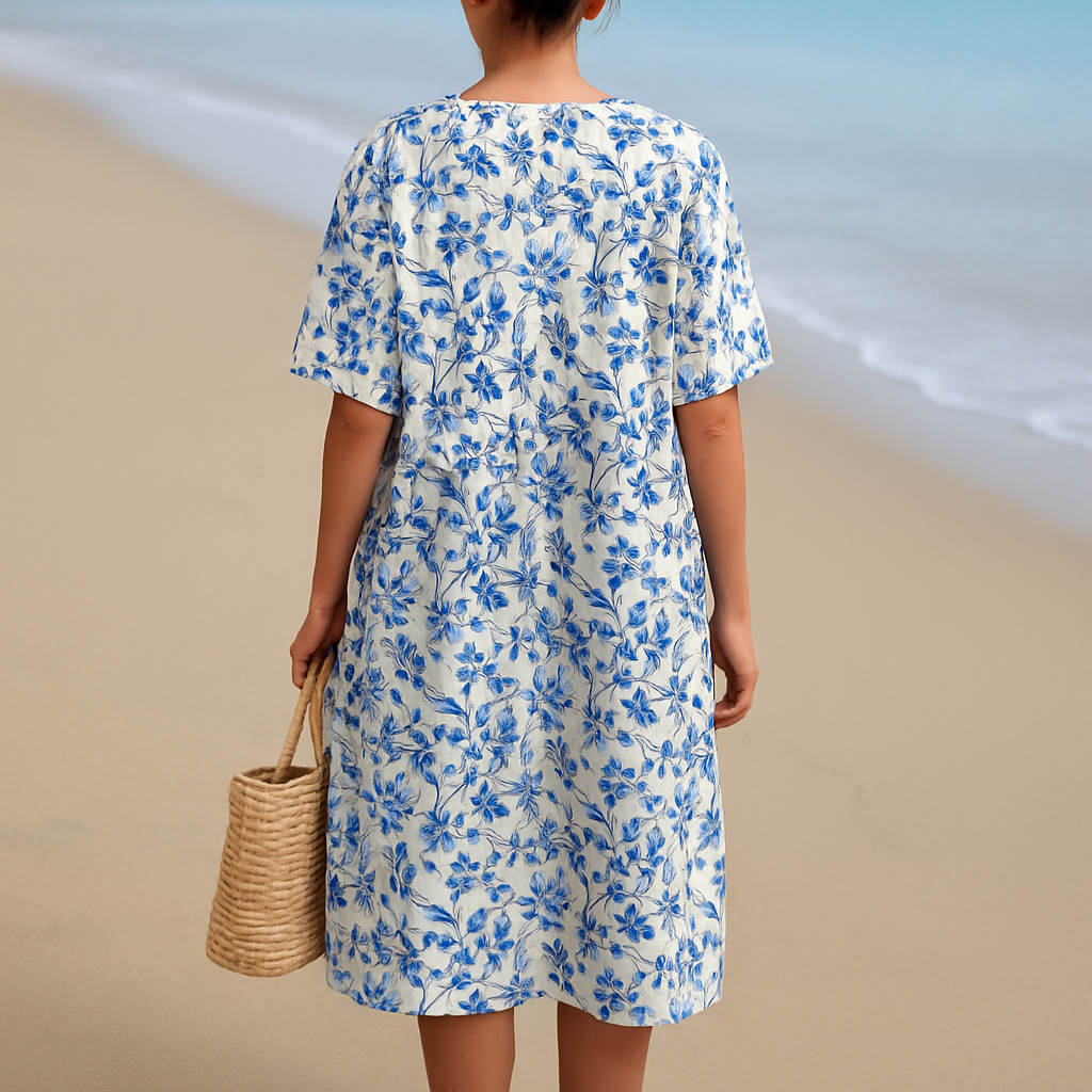 Léonie | Ivory Dress with Porcelain Blue Flowers