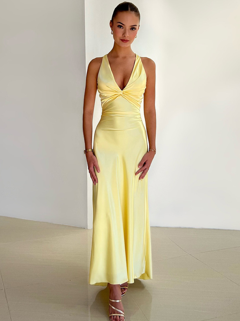 Amaya™ | Yellow Satin Maxi Dress with Open Back and Bow Detail