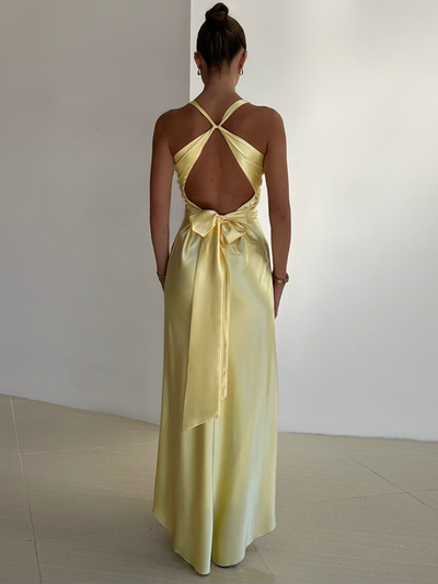 Amaya™ | Yellow Satin Maxi Dress with Open Back and Bow Detail