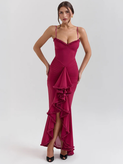 Vivienne™ | Maxi dress with ruffles, lace detail and high slit