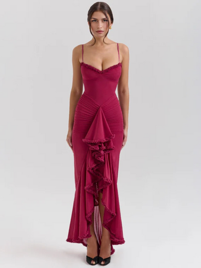 Vivienne™ | Maxi dress with ruffles, lace detail and high slit