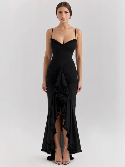 Vivienne™ | Maxi dress with ruffles, lace detail and high slit