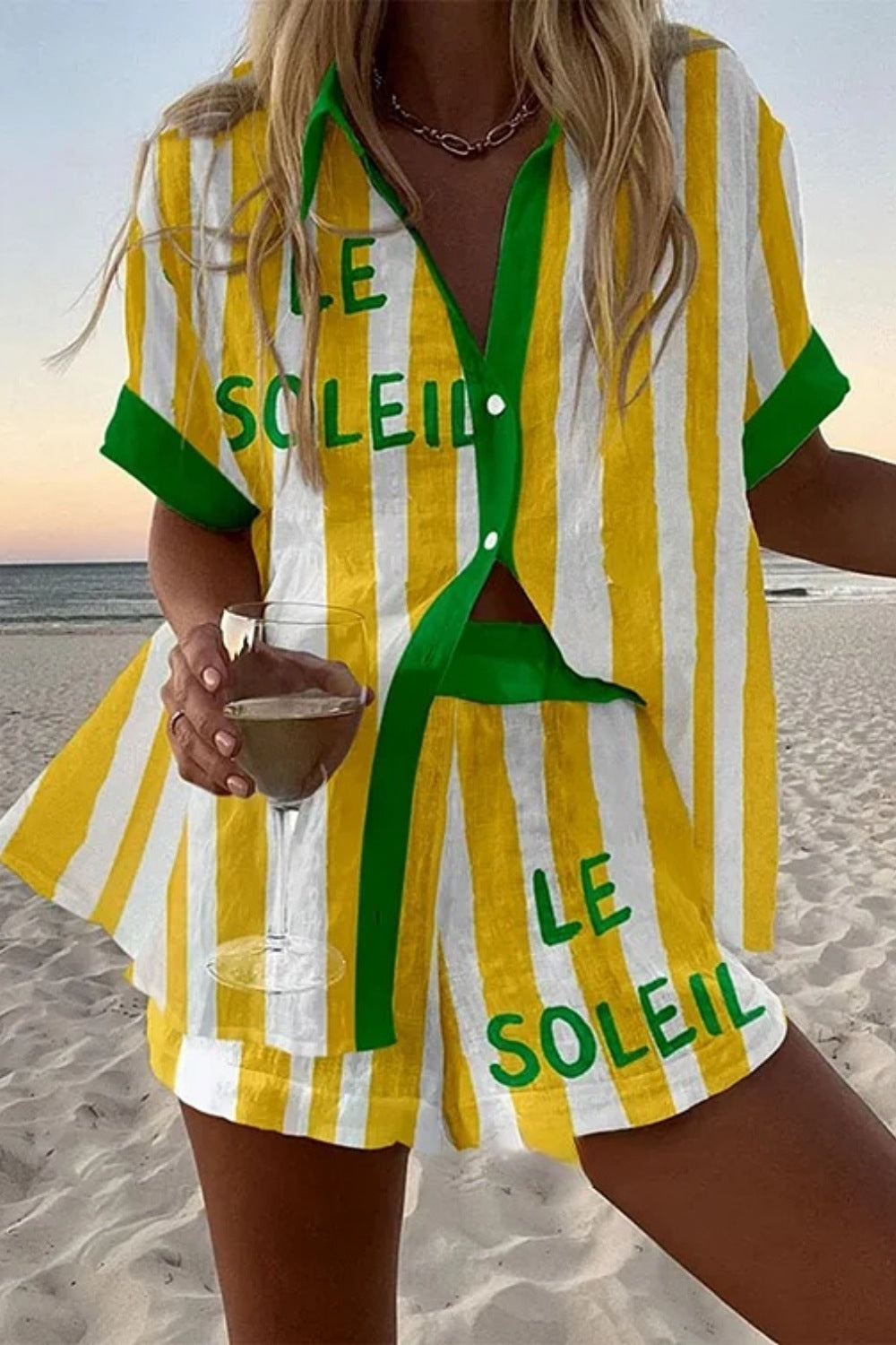 Halora™ | Short Linen Suit in Yellow Stripes