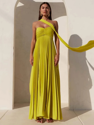 Solaria™ | Plissé Maxi Dress with Asymmetrical Halter
