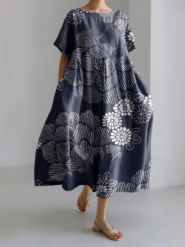 Rumi™ | Midi Dress – Bold Florals in Monochrome Harmony