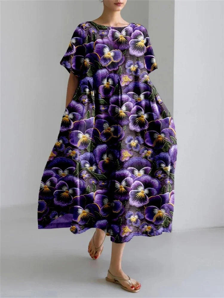 Flaviana™ | Midi Dress – Bold Purple Blooms for Everyday Elegance