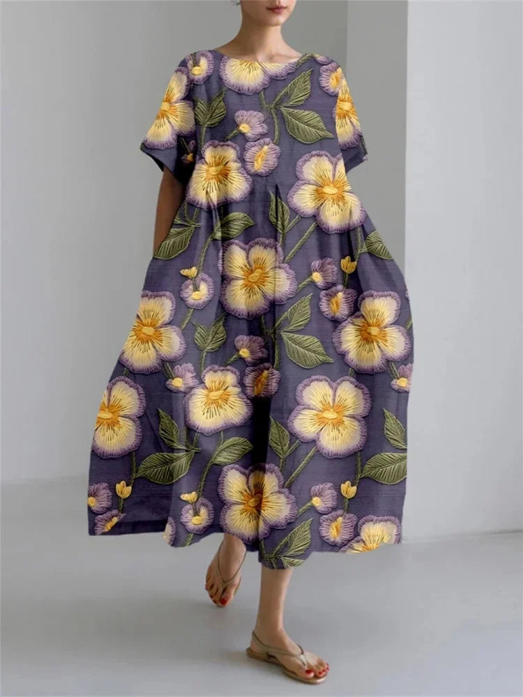 Delphine™ | Midi Dress – Golden Blossoms on Twilight