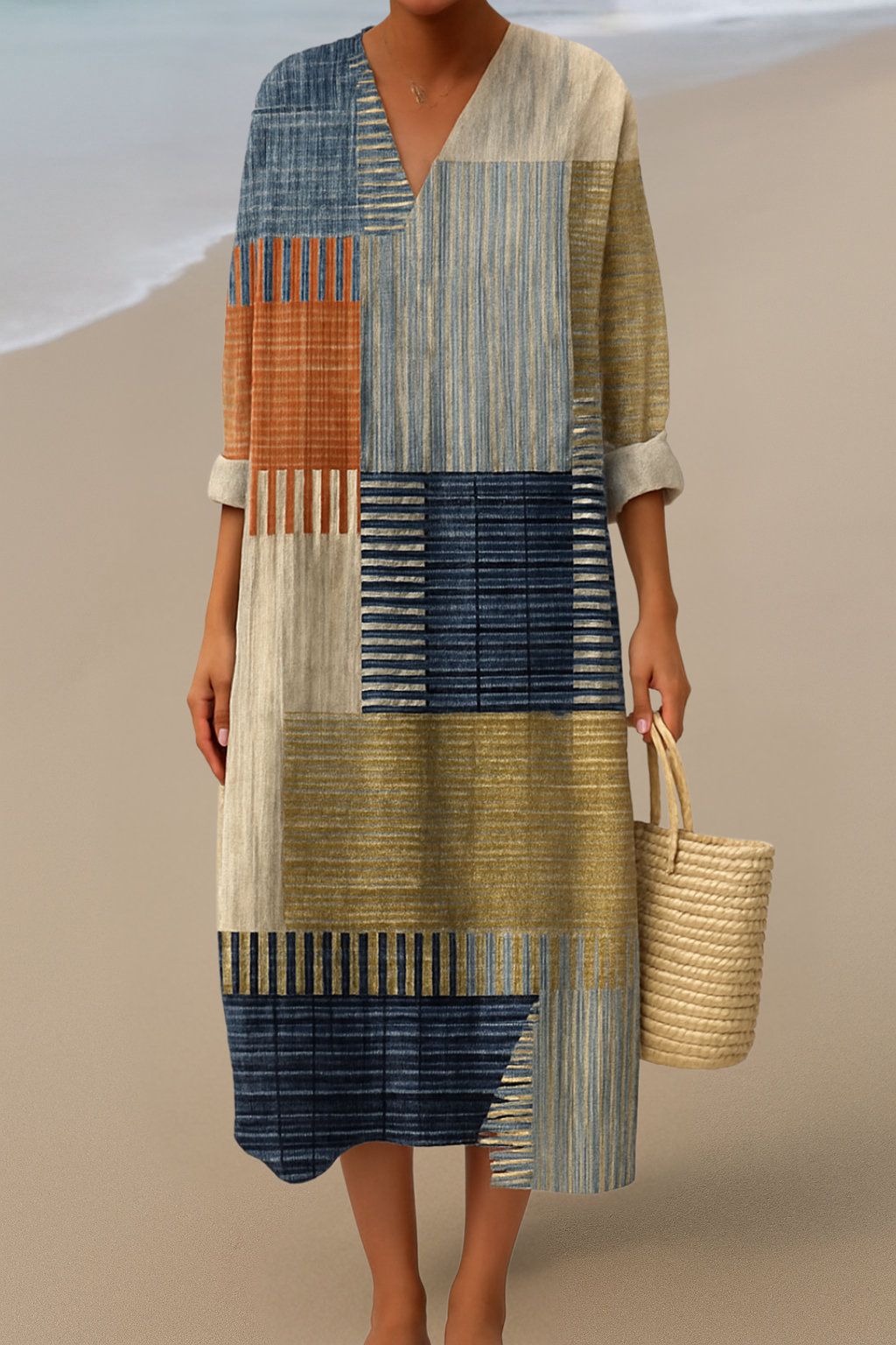 Amelia | Long Dress with Patchwork Pattern in Natural Colours for a Bohemian Look