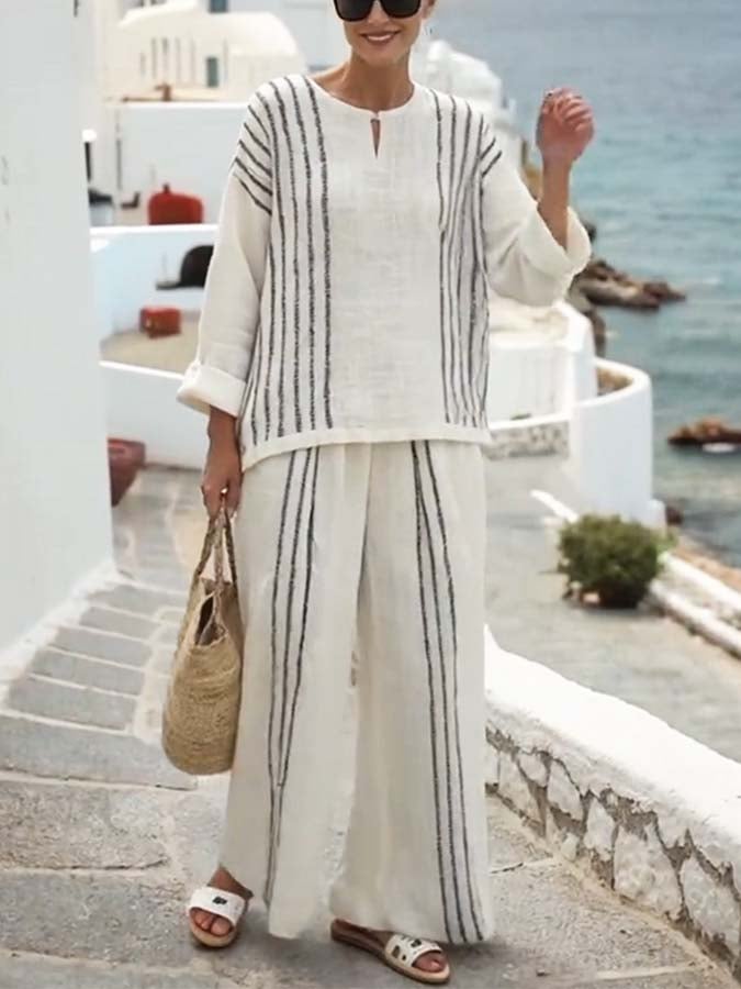 Women's Loose Striped Printed Wide Leg Pants Set