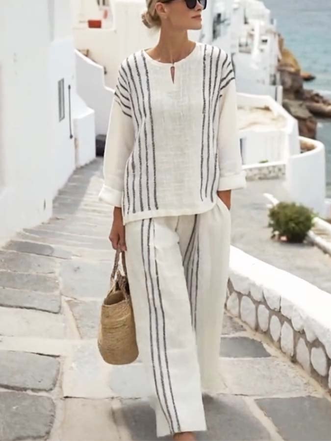 Women's Loose Striped Printed Wide Leg Pants Set