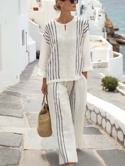 Women's Loose Striped Printed Wide Leg Pants Set