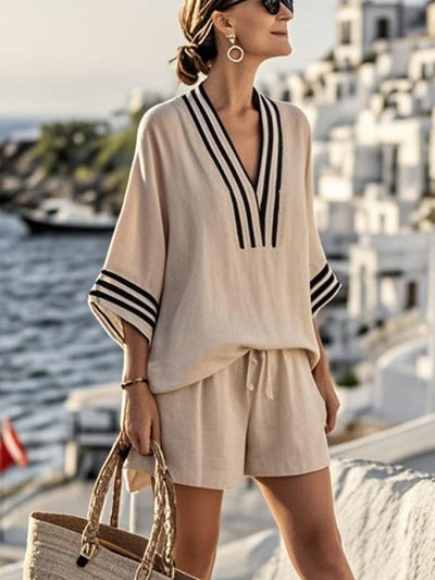 Women'S Casual V-Neck Striped Cotton And Linen Two-Piece Set