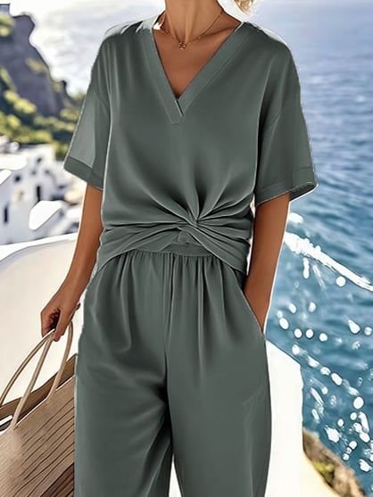 Women's Summer Cotton&Linen Cross-Pleated Suit