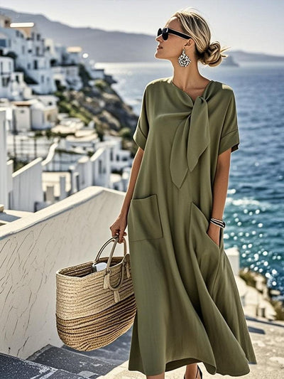 Women's Solid Colour Loose Cotton and Linen Pocket Dress
