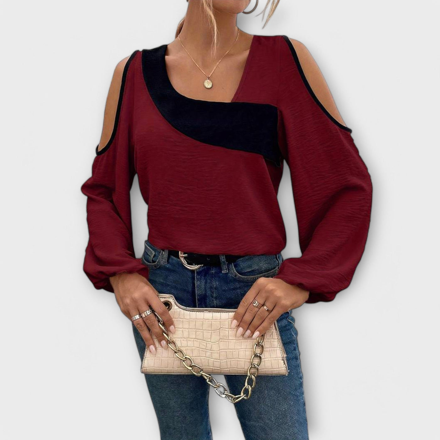 Scarlett – Colour Block Blouse, Square Neckline