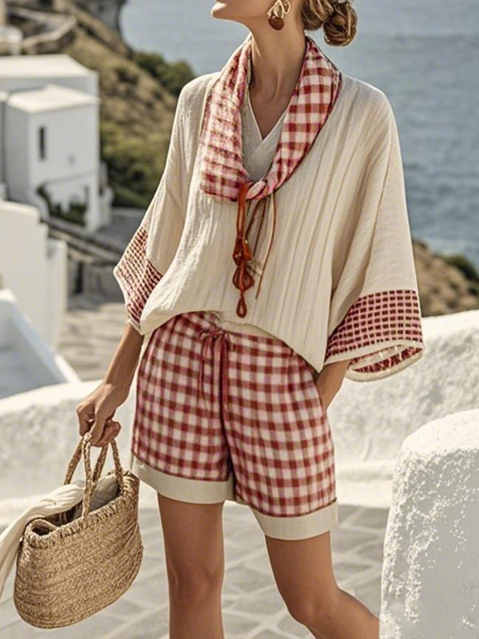 Women'S Loose Striped Scarf Holiday Shorts Set