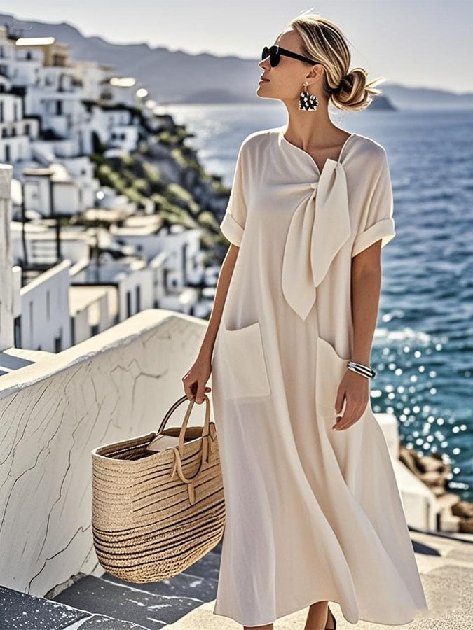 Women's Solid Colour Loose Cotton and Linen Pocket Dress