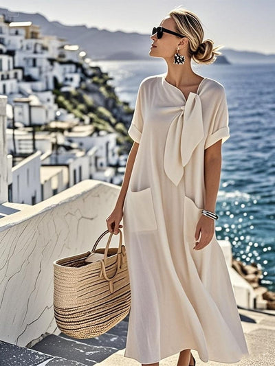 Women's Solid Colour Loose Cotton and Linen Pocket Dress