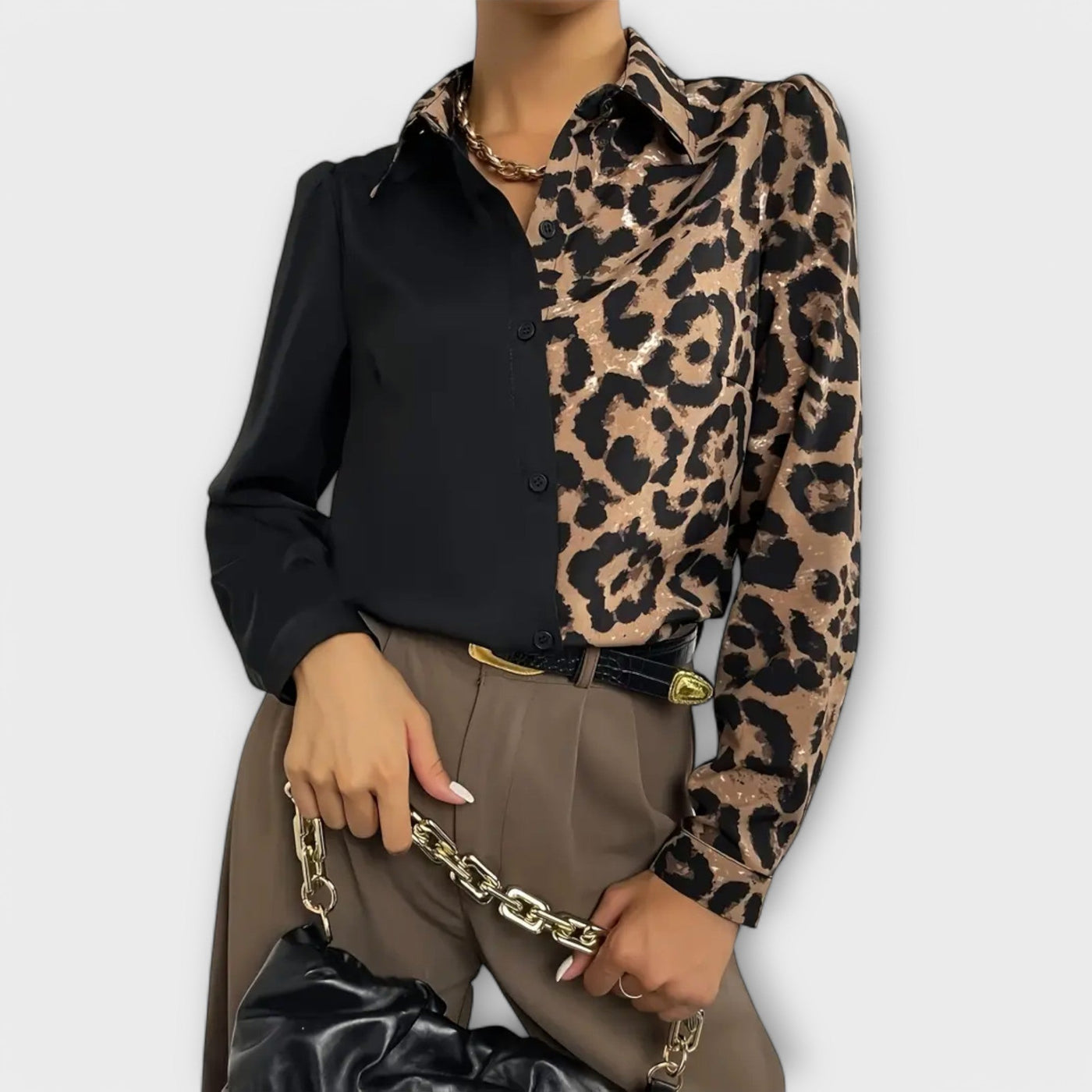 Simple and Stylish Blouse with Button Closure and Leopard Print