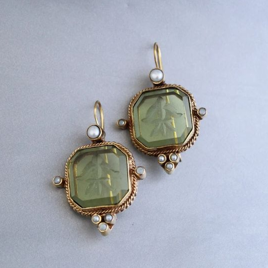 Vintage Green Earrings with Pearls