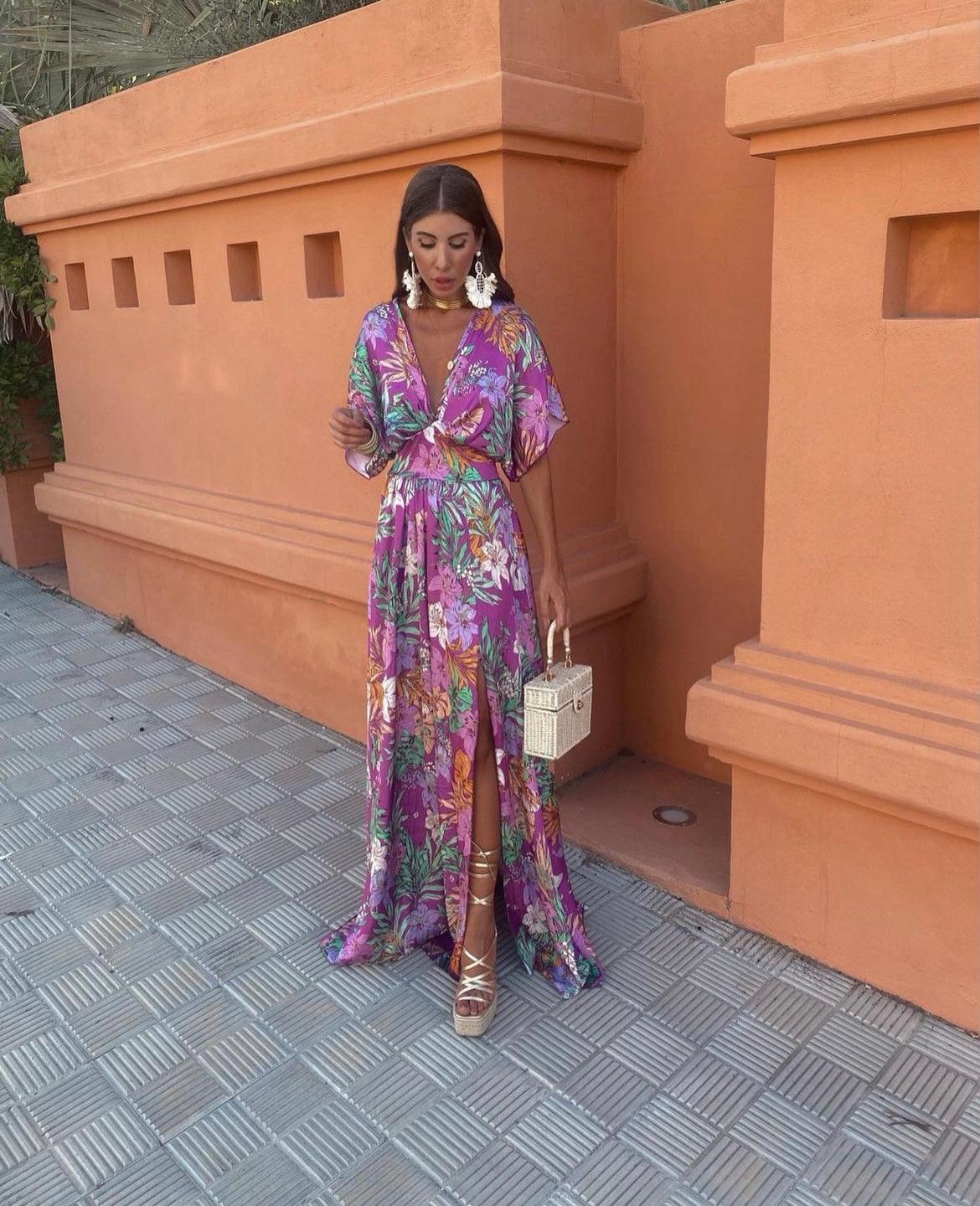 Viviana™ | Long floral dress with wide sleeves